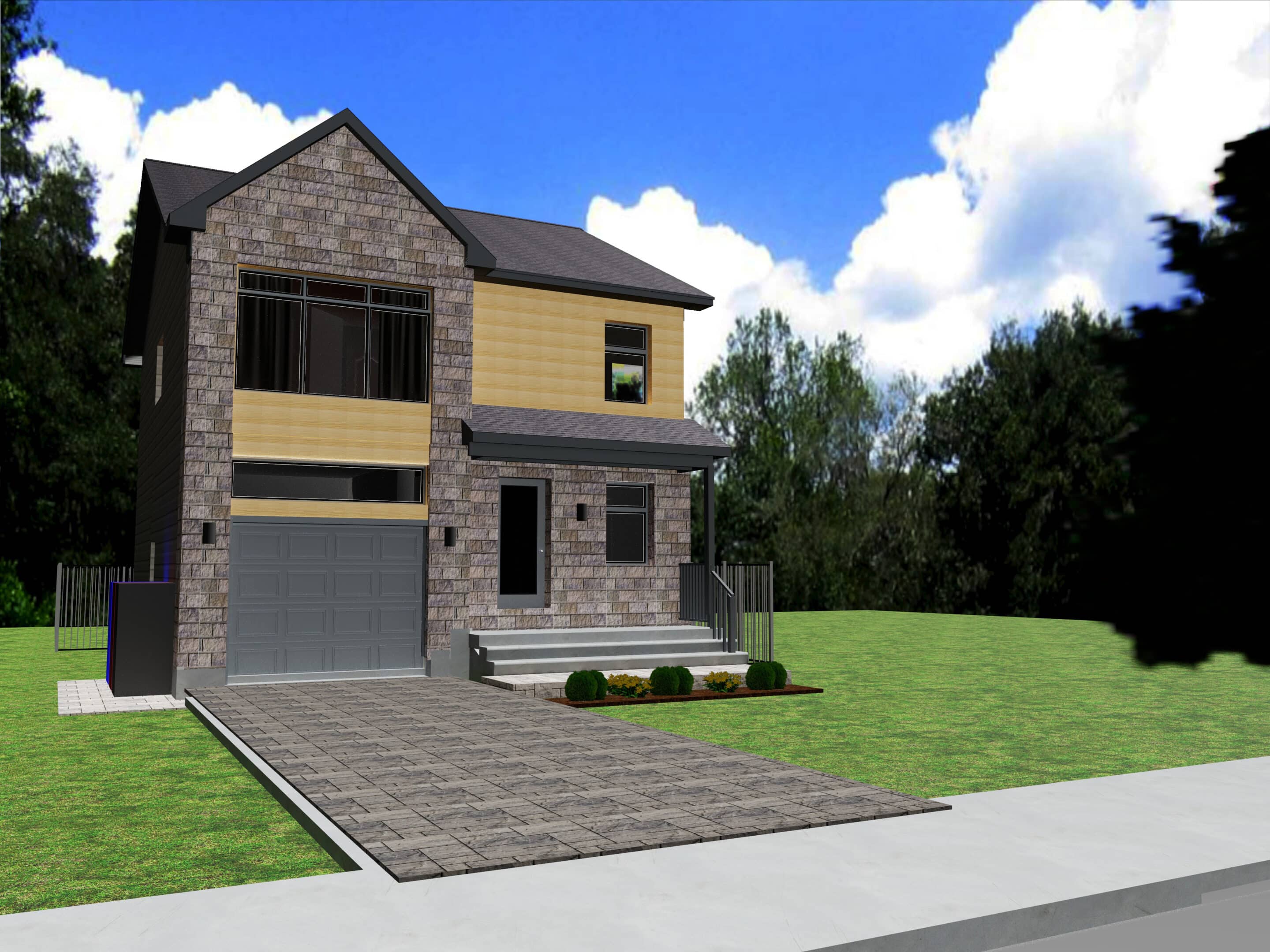 Cottage neuf à Pointe-aux-Trembles, maison moderne à deux étages avec garage intégré et parement en pierre et bois, construite par Les Entreprises Réjean Goyette à Montréal.