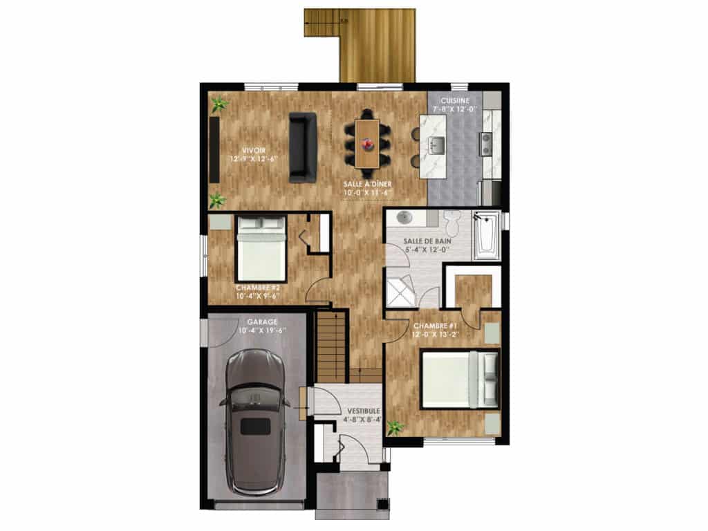 Plan d’étage détaillé d’une maison avec garage intégré, deux chambres, salon, salle à dîner et cuisine à aire ouverte.