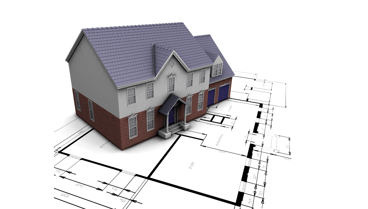 Modélisation 3D d’une maison unifamiliale posée sur un plan architectural détaillé, illustrant l’étape de conception sur mesure d’un projet résidentiel.